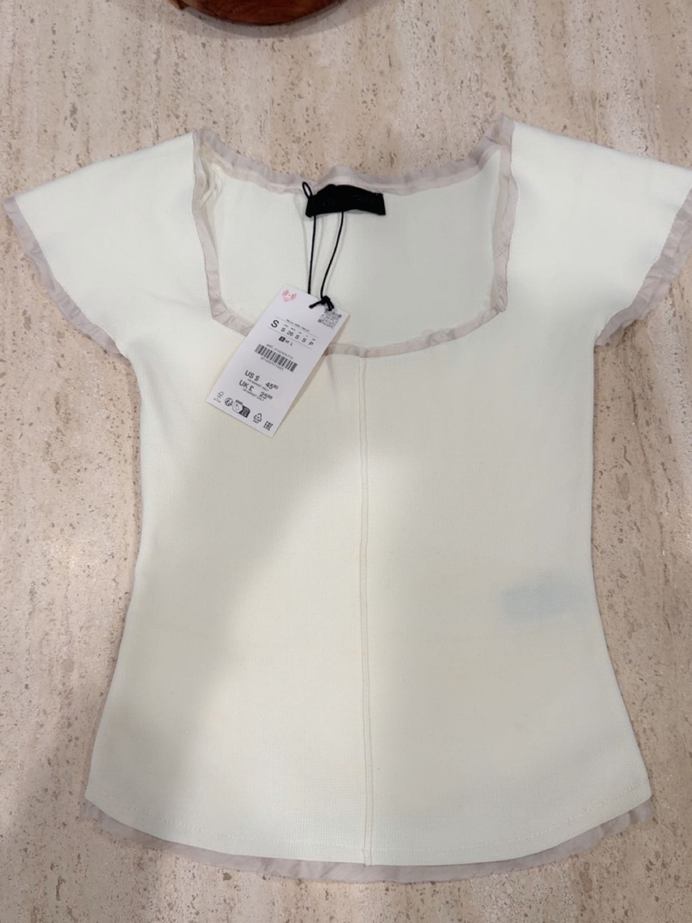 Zara Cream Heavy Weight Structured Short-Sleeve Top with Sheer Trim